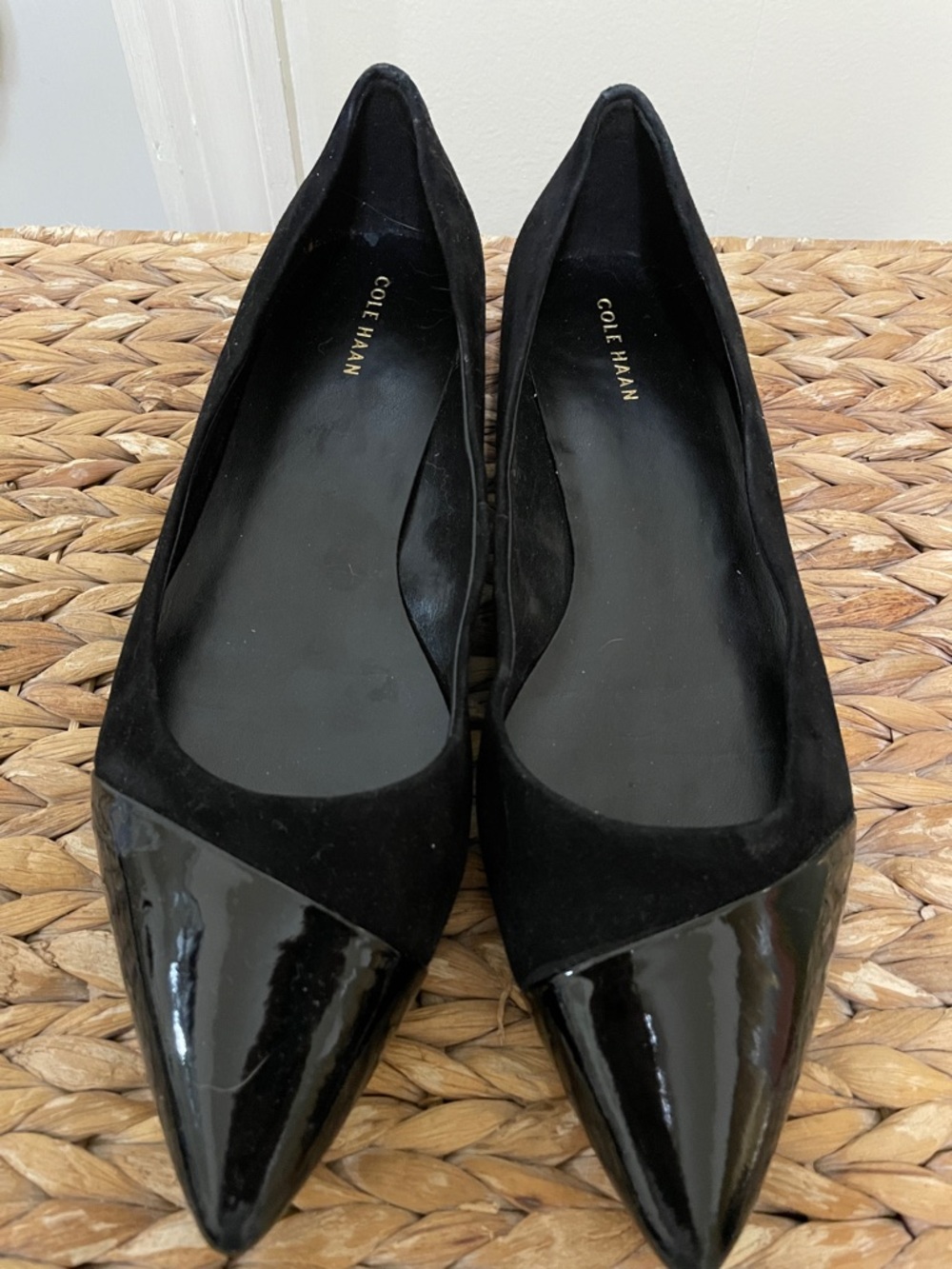 Cole Haan Black Pointed-Toe Flats with Patent Cap